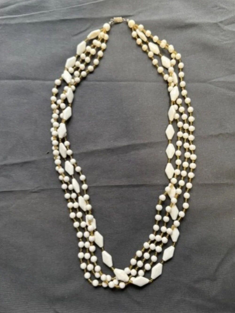 Vintage Multi Strand Necklace w Round & Diamond Shaped Beads & Gold Toned Spacer